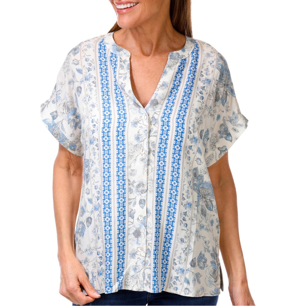 Chenault Cream and Blue Floral Button-Front Short Sleeve Blouse